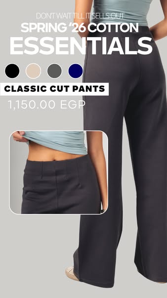An ad featuring 'Classic Cut Pants' made from cotton, highlighting its availability in different colors with the