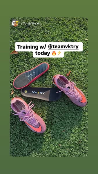 This user generated content style ad features a pair of pink running shoes and two insoles. The insoles are branded VKTR