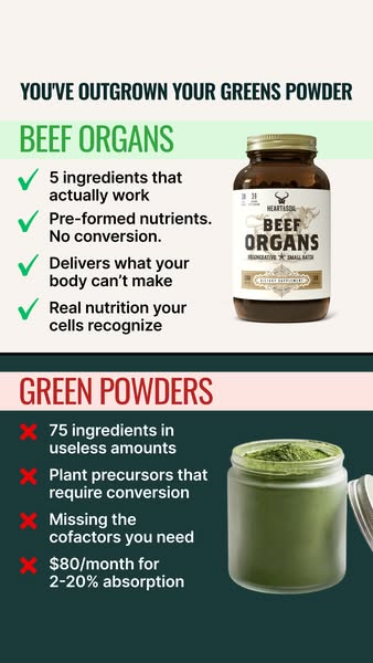 This ad compares the benefits of Heart & Soil Beef Organs supplement capsules to traditional green powders. It highl
