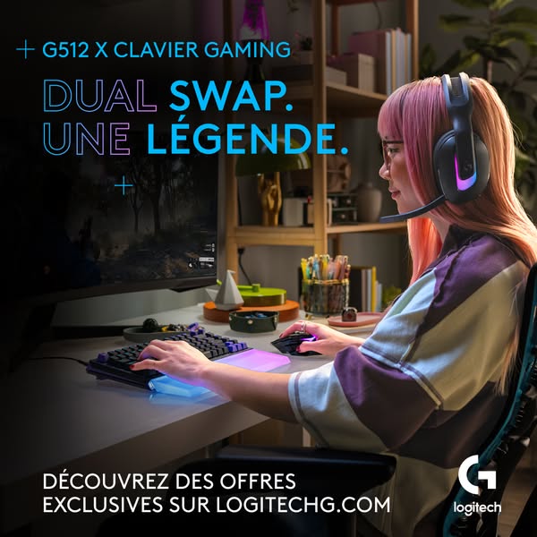 This image ad showcases Logitech's G512 X Clavier gaming gear, emphasizing customization and legend status through a