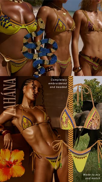 An advertisement for ZAHÁNA bikinis. The bikinis are embroidered and beaded.