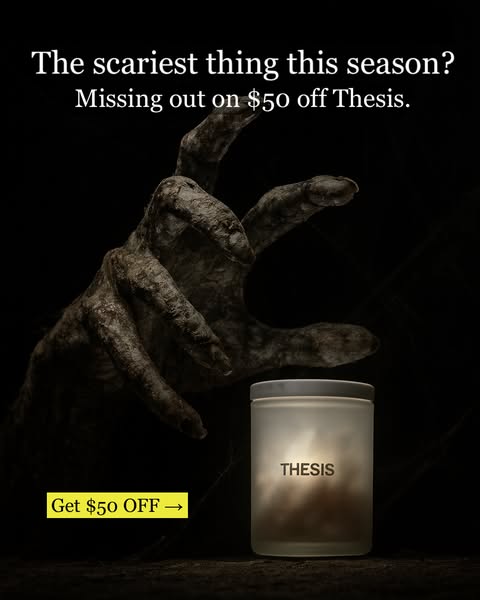 This ad uses seasonal halloween motifs to promote a sale for Thesis supplements.