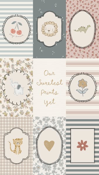 The ad showcases a variety of prints, including animals, florals, and shapes, in a grid format with a central text overl