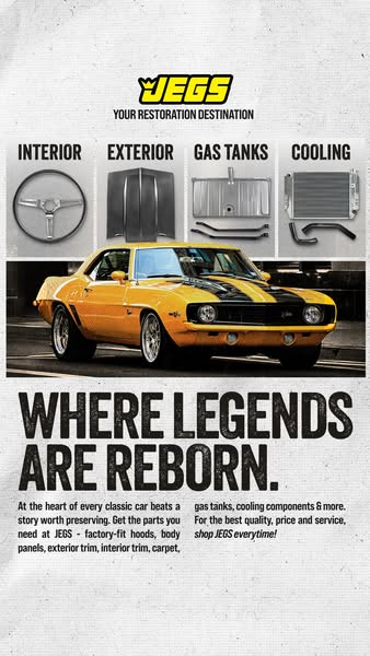 This image ad for JEGS promotes their restoration parts for classic cars. The ad features a yellow and black classic car