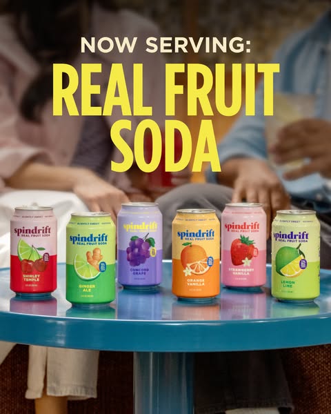 An image showcasing six flavors of Spindrift sparkling water, emphasizing real fruit ingredients and targeting consumers