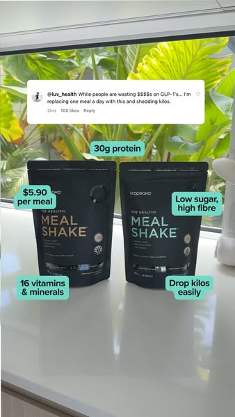 This image ad promotes the healthy meal replacement shake that helps to shed kilos and is an alternative to GLP-1's.
