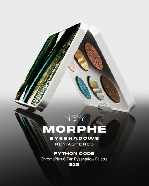 This ad showcases the Morphe Python Code ChromaPlus 6-Pan Eyeshadow Palette. The ad highlights the palette's design 