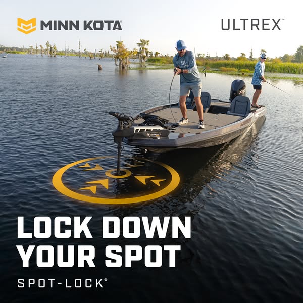 This ad features a boat on a lake with two people. The boat uses Minn Kota's SPOT-LOCK feature that keeps the boat i