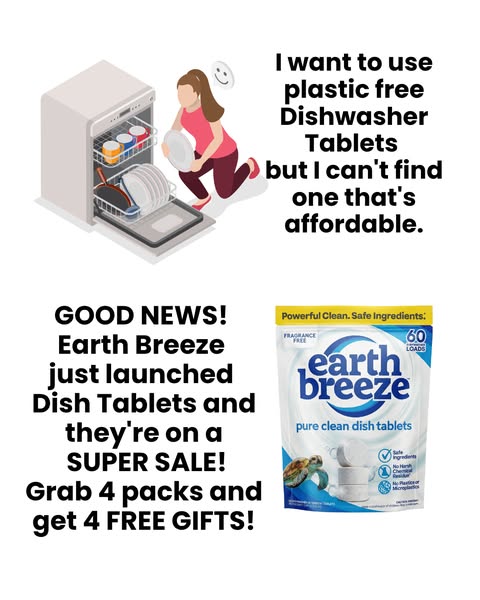 This image ad highlights Earth Breeze's plastic-free dishwasher tablets, addressing the consumer desire for eco-frie
