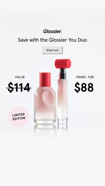 This image ad for Glossier promotes the brand's 'You Duo' perfume set, highlighting a limited-time offer. Th