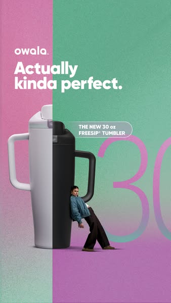 A vertical image ad features a large Owala FreeSip tumbler with a woman leaning against it, set against a split backgrou