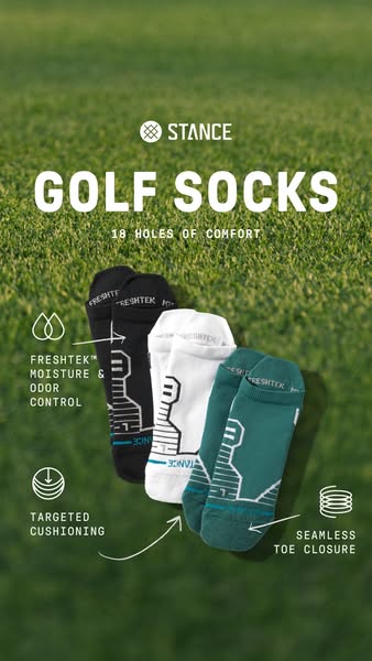 Image ad for Stance golf socks highlighting features like moisture control, targeted cushioning, and seamless toe closur