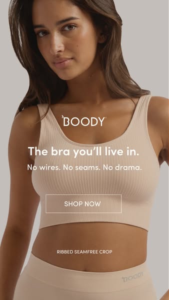 An advertisement for Boody's Ribbed Seamfree Crop. The ad features a woman wearing the beige crop top with text that