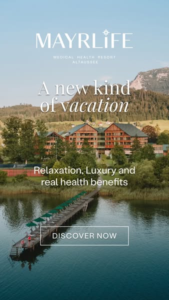 This image ad promotes MayrLife, a medical health resort in Altaussee. It features a scenic view of the resort and lake,