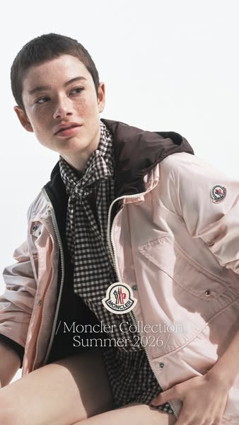 This ad for Moncler's Summer 2026 collection features a young person wearing the brand's apparel and accessories