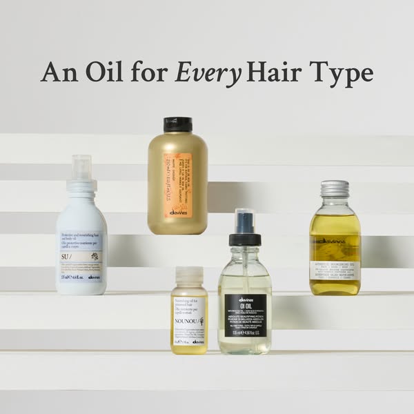 A product ad showcasing the Davines OI line. The ad highlights a selection of Davines hair oils that are suitable for al