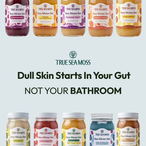 Image ad for True Sea Moss, a brand of sea moss gel supplements. The ad highlights the connection between gut health and