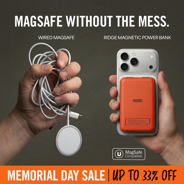 This image ad compares a wired MagSafe charger with the Ridge Magnetic Power Bank, highlighting the convenience and mess