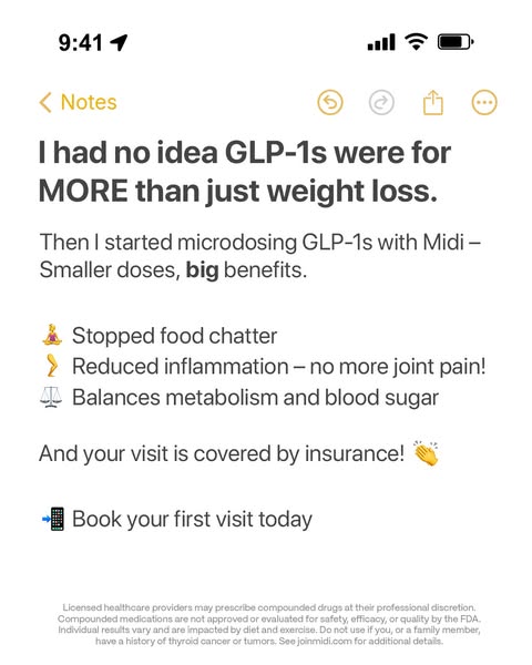 This ad uses a screenshot of the Notes app on an iPhone to highlight the benefits of Midi's GLP-1 microdosing, focus
