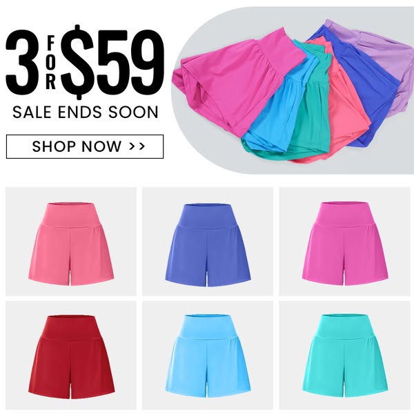 This ad features a collection of casual shorts, highlighting a special offer of purchasing three for $59 and encouraging