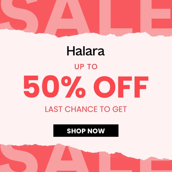 This image ad promotes a sale from Halara, offering up to 50% off. The ad uses a clean, modern design with a clear call