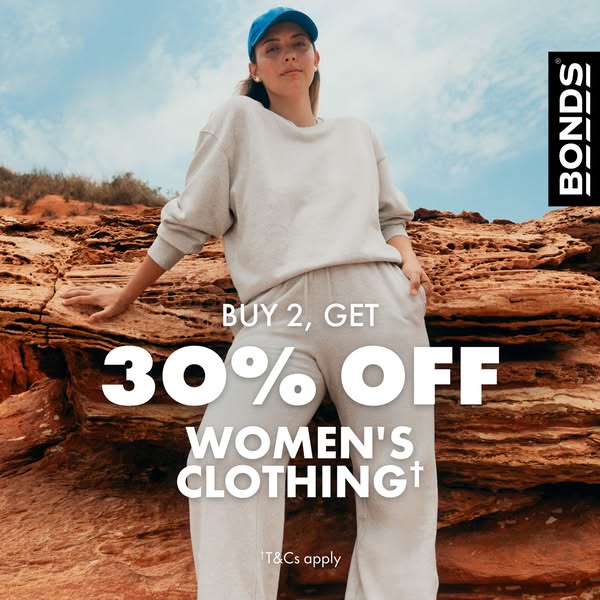This ad showcases the Bonds brand by featuring a model wearing a sweatshirt and sweatpants. It highlights an offer: Buy 