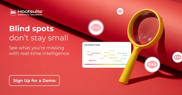 This ad for Hootsuite positions it as a solution for identifying and addressing business "blind spots" using r