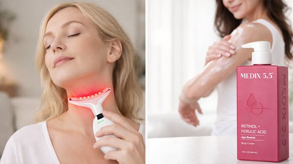 This image ad is split into two sides. The left side shows a woman using a red light therapy device on her neck. The rig