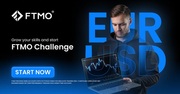 This image ad promotes FTMO, a platform that provides demo accounts with fictitious funds for simulated trading. The ad 