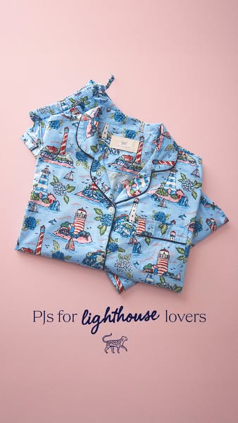 This image ad features a set of pajamas with a lighthouse and ocean themed print on a solid pink background. The headlin