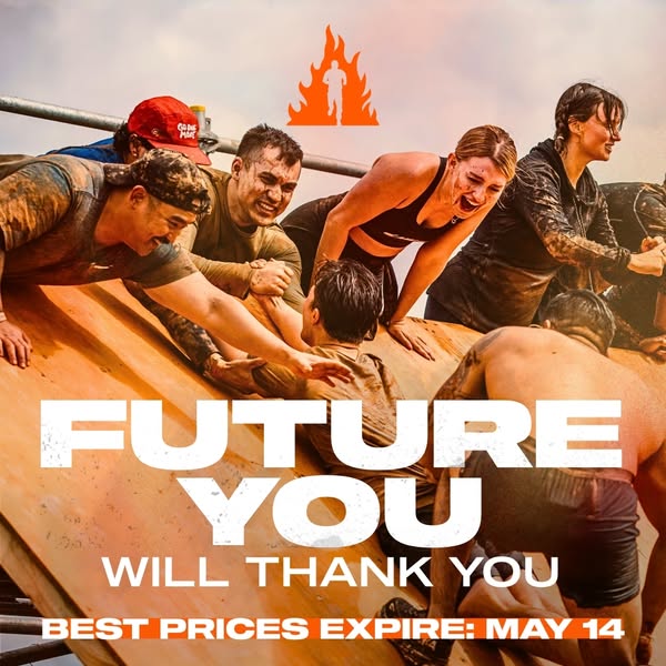 This image ad for Tough Mudder features a group of muddy participants helping each other over an obstacle. The ad encour