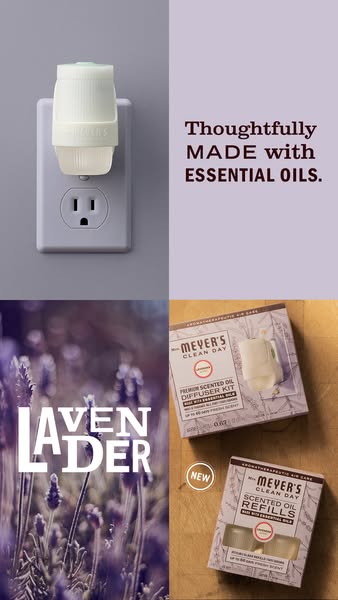 This image ad showcases Mrs. Meyer's Clean Day scented oil diffuser kits and refills, emphasizing the use of essenti