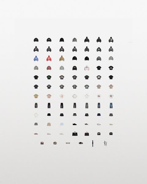 This ad features 64 different clothing and accessories items from an apparel brand, organized in a grid-like fashion aga