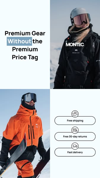 This image ad for Montec promotes premium gear without the premium price tag. It features images of people wearing Monte