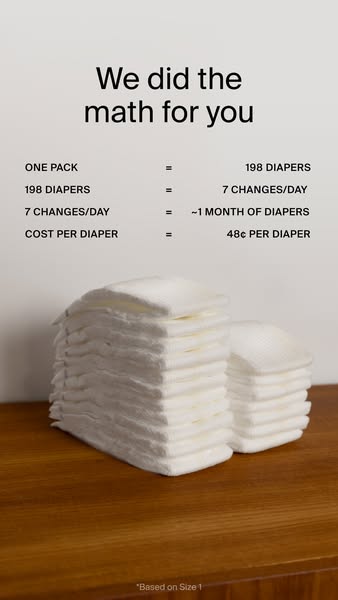 This ad shows a stack of diapers on a wooden surface. Text beside the diapers explains the cost per diaper, math include