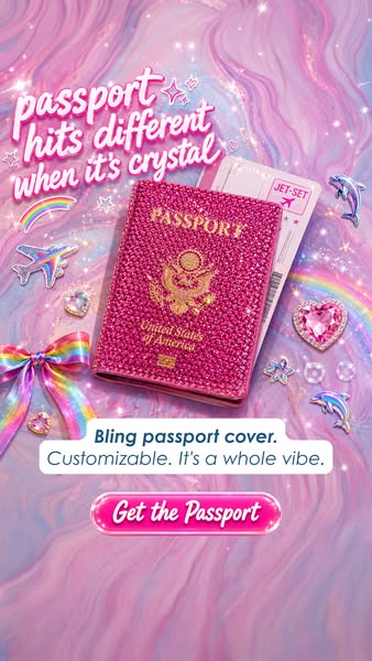An ad for customizable, crystal-covered passport holders. The ad features a pink passport holder covered in crystals, ov