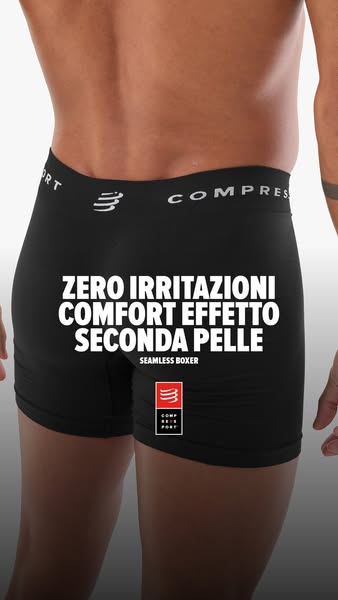 This image ad features a man modeling black seamless boxer briefs. The ad highlights the product's comfort and irrit