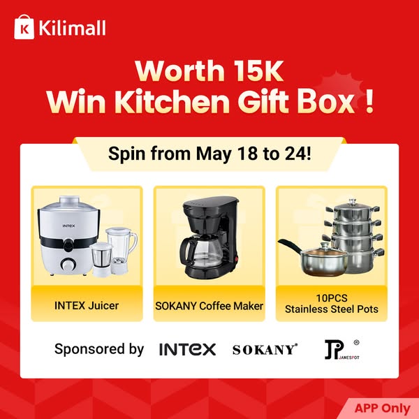 This ad promotes a kitchen gift box giveaway sponsored by Intex, Sokany, and Jamespot. Participants can spin to win the 