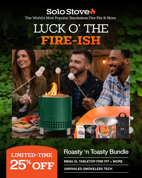 This image ad for Solo Stove promotes a limited-time 'Roasty 'n Toasty Bundle' that includes the Mesa XL tab