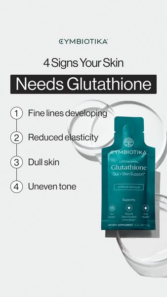 This ad lists four signs that your skin needs glutathione while showing a Cymbiotika glutathione product.