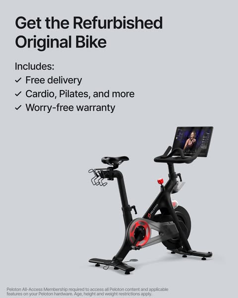 An advertisement for a refurbished original Peloton bike. The ad highlights free delivery, availability for cardio and p