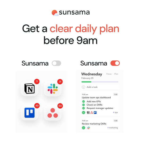 This ad for Sunsama features a comparison of two phone screens. The first screen shows the home screens for four differe