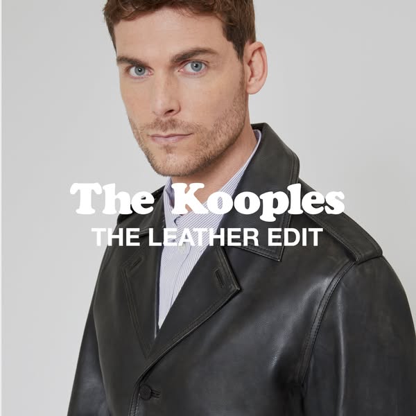 An ad featuring a man wearing a leather coat from The Kooples. The ad highlights the brand's leather collection.