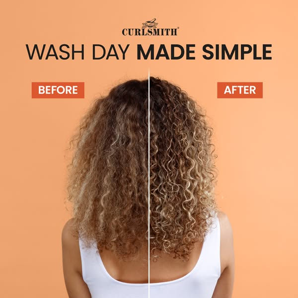 This image ad features a split screen "before and after" view of a woman's curly hair. On the left, her ha