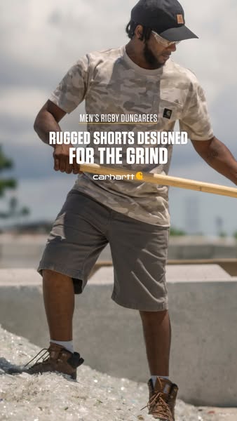 This image ad features Carhartt's Rugged Shorts, showcasing their durability for men who work hard. The ad focuses o