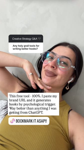 This ad features a woman speaking directly to the camera about a tool that helps generate better hooks by using psycholo
