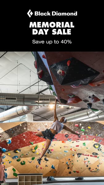 This ad for Black Diamond promotes a Memorial Day sale with savings of up to 40%. The image features a woman rock climbi