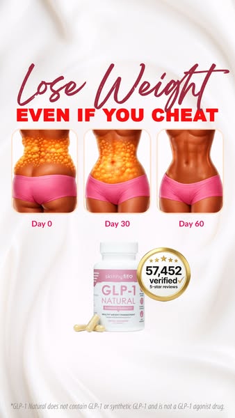 Image ad showing the transformation of a woman's body over time. The ad promotes a supplement called GLP-1 Natural b