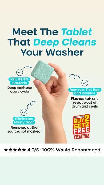 This ad promotes a tablet that deeply cleans your washer. It highlights benefits such as killing bacteria, removing pet 