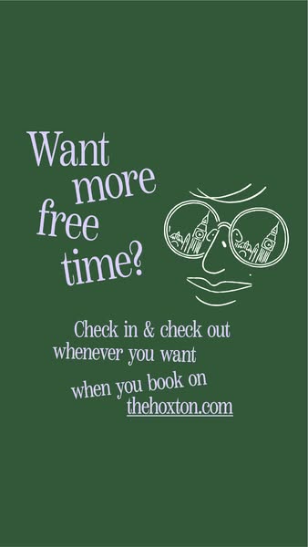 This image ad for The Hoxton hotel features the offer of flexible check-in and check-out times when booking directly on 